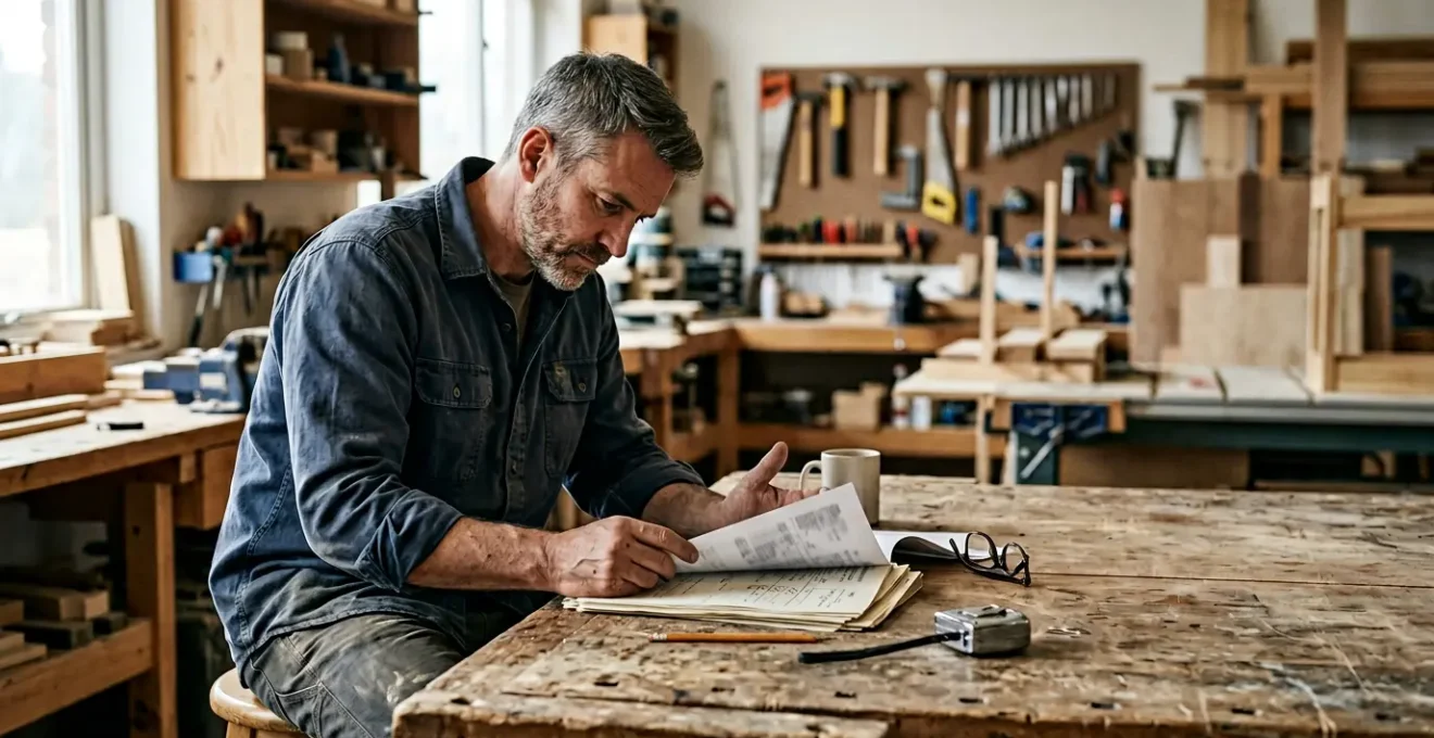 Artisan du bâtiment gérant minutieusement la documentation TVA dans son atelier professionnel