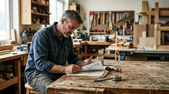 Artisan du bâtiment gérant minutieusement la documentation TVA dans son atelier professionnel