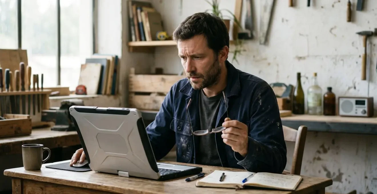 Artisan concentré réalisant le bilan financier de son chantier sur son ordinateur