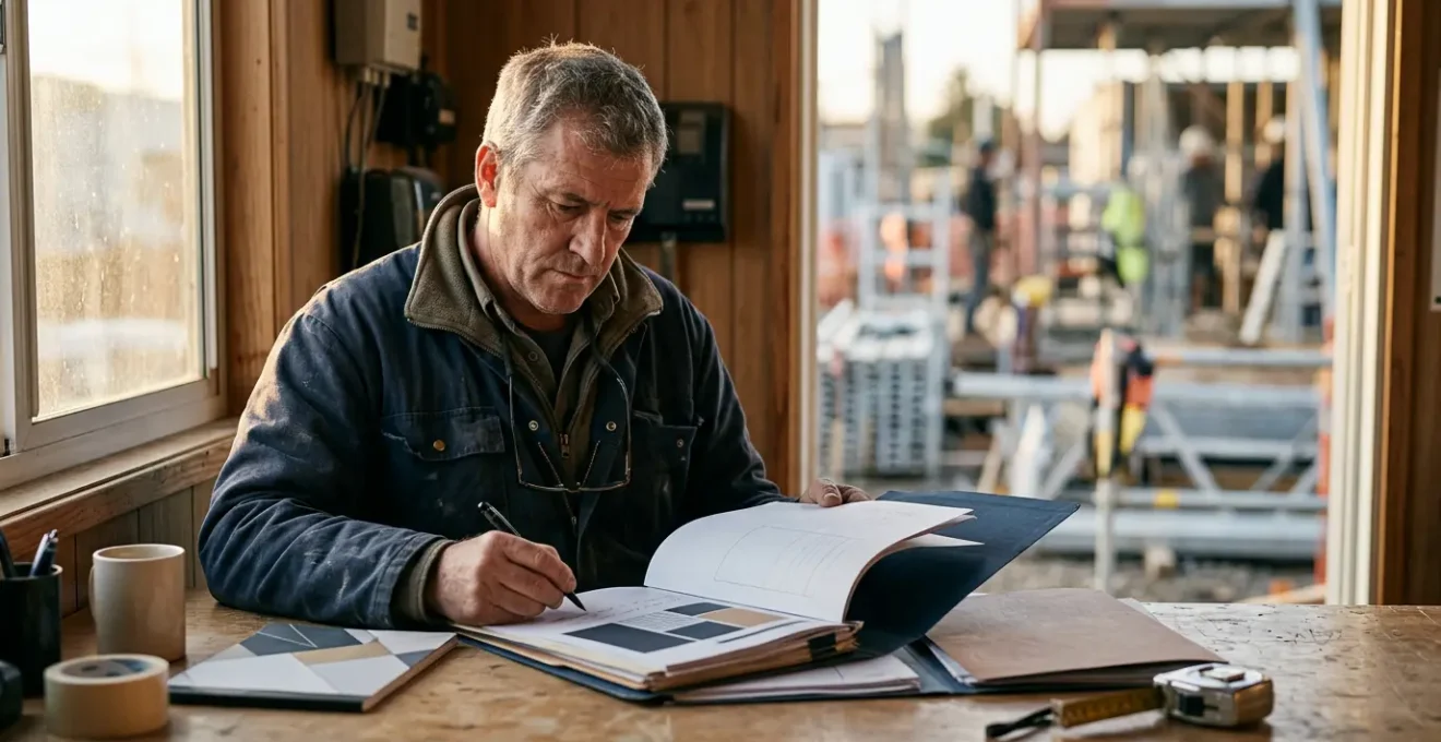 Artisan du BTP consultant des documents administratifs liés aux cotisations sociales professionnelles