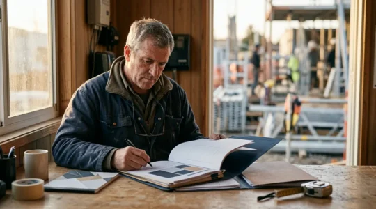 Artisan du BTP consultant des documents administratifs liés aux cotisations sociales professionnelles