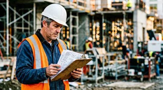 Artisan professionnel du bâtiment sur un chantier vérifiant attentivement des documents administratifs d'assurance