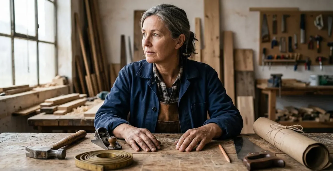 Artisan professionnel en pleine réflexion devant des symboles de statuts juridiques