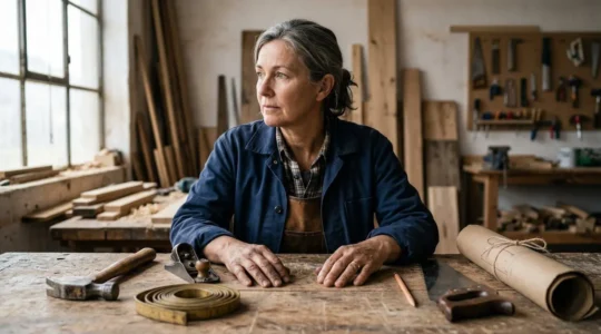 Artisan professionnel en pleine réflexion devant des symboles de statuts juridiques