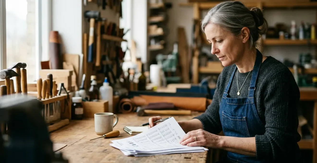 Artisan analysant ses documents comptables dans son atelier