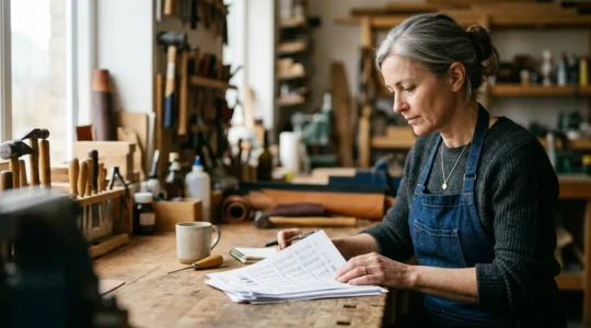Artisan analysant ses documents comptables dans son atelier