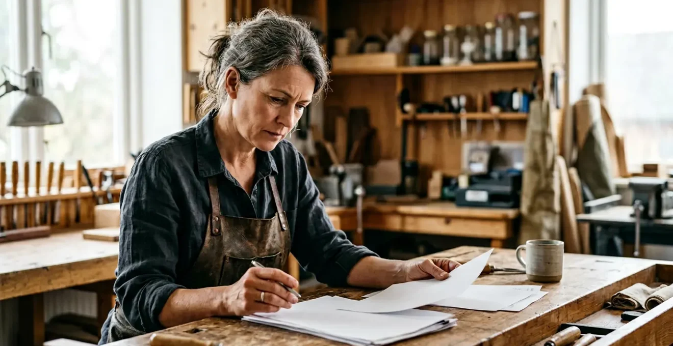 Artisan préparant sa déclaration fiscale dans son atelier avec des documents comptables