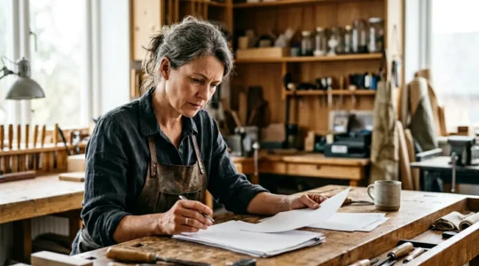 Artisan préparant sa déclaration fiscale dans son atelier avec des documents comptables