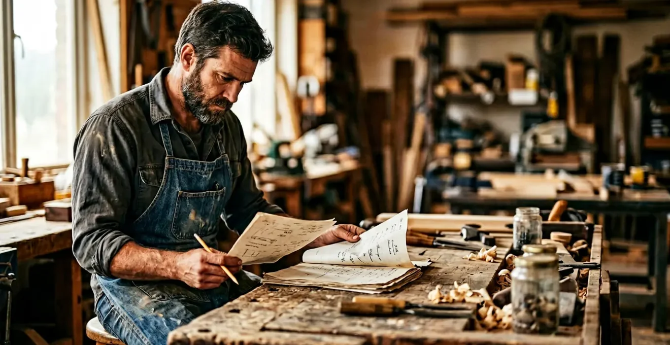 Artisan consultant des documents financiers dans son atelier avec outils de travail en arriere-plan