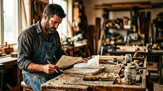 Artisan consultant des documents financiers dans son atelier avec outils de travail en arriere-plan