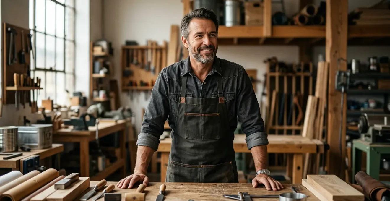 Artisan confiant gérant sa comptabilité dans un atelier professionnel bien organisé