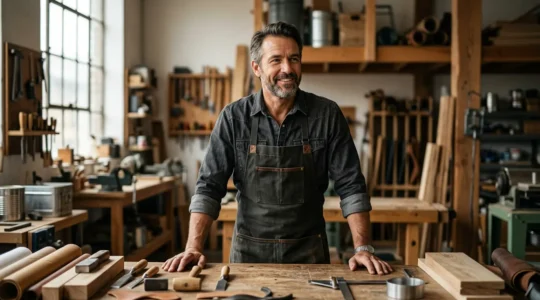 Artisan confiant gérant sa comptabilité dans un atelier professionnel bien organisé