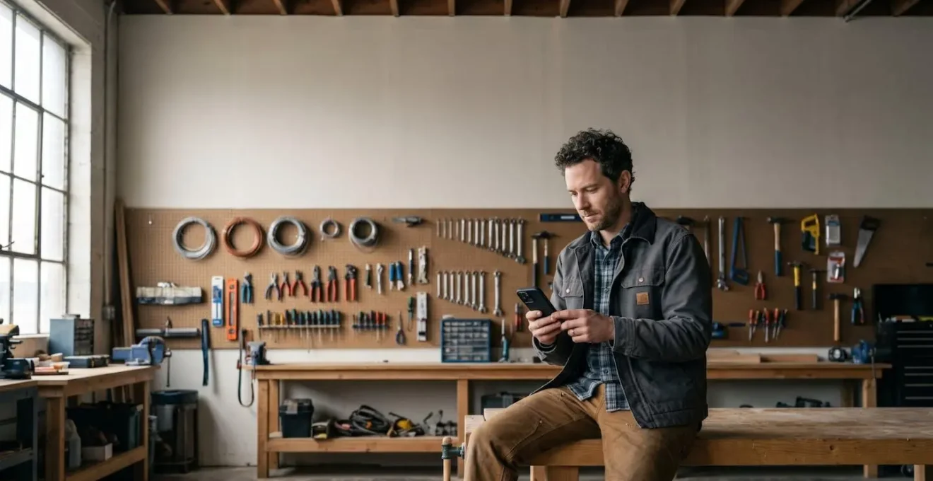 Artisan testant une solution de facturation électronique sur smartphone dans son atelier