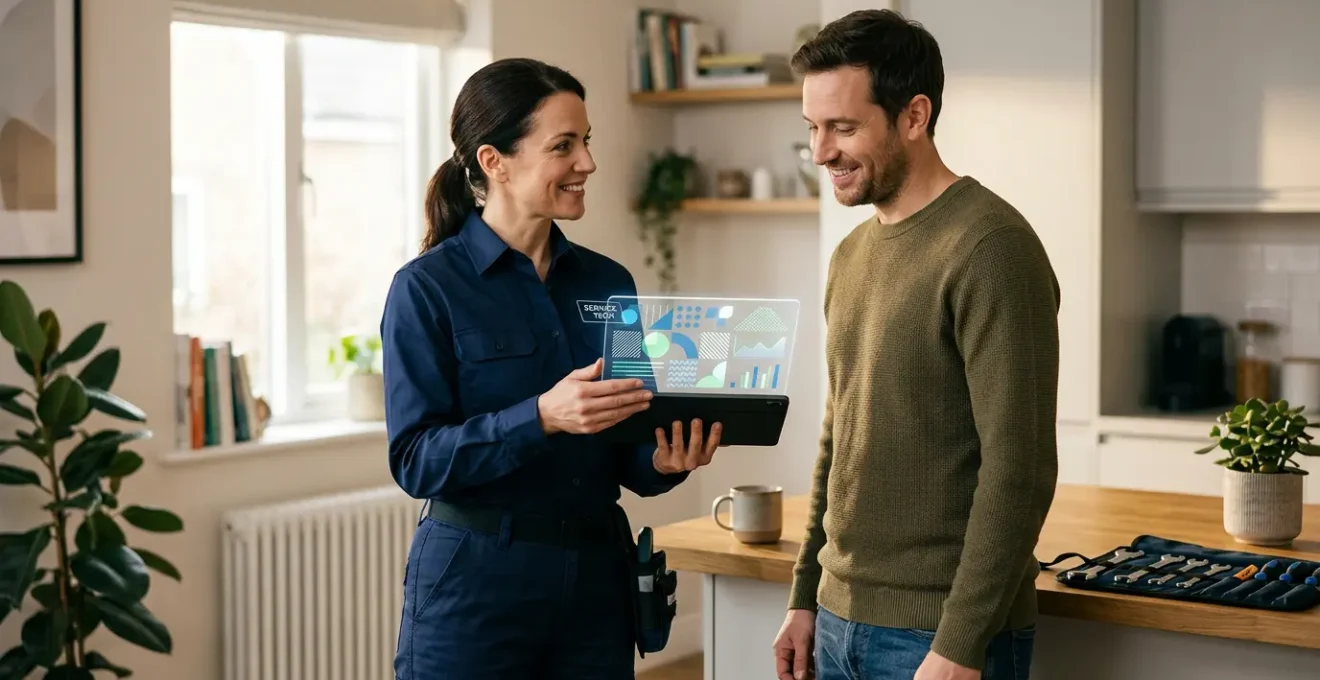Artisan plombier présentant un devis transparent sur tablette numérique à un client dans un intérieur résidentiel moderne