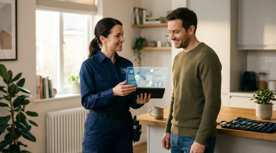 Artisan plombier présentant un devis transparent sur tablette numérique à un client dans un intérieur résidentiel moderne