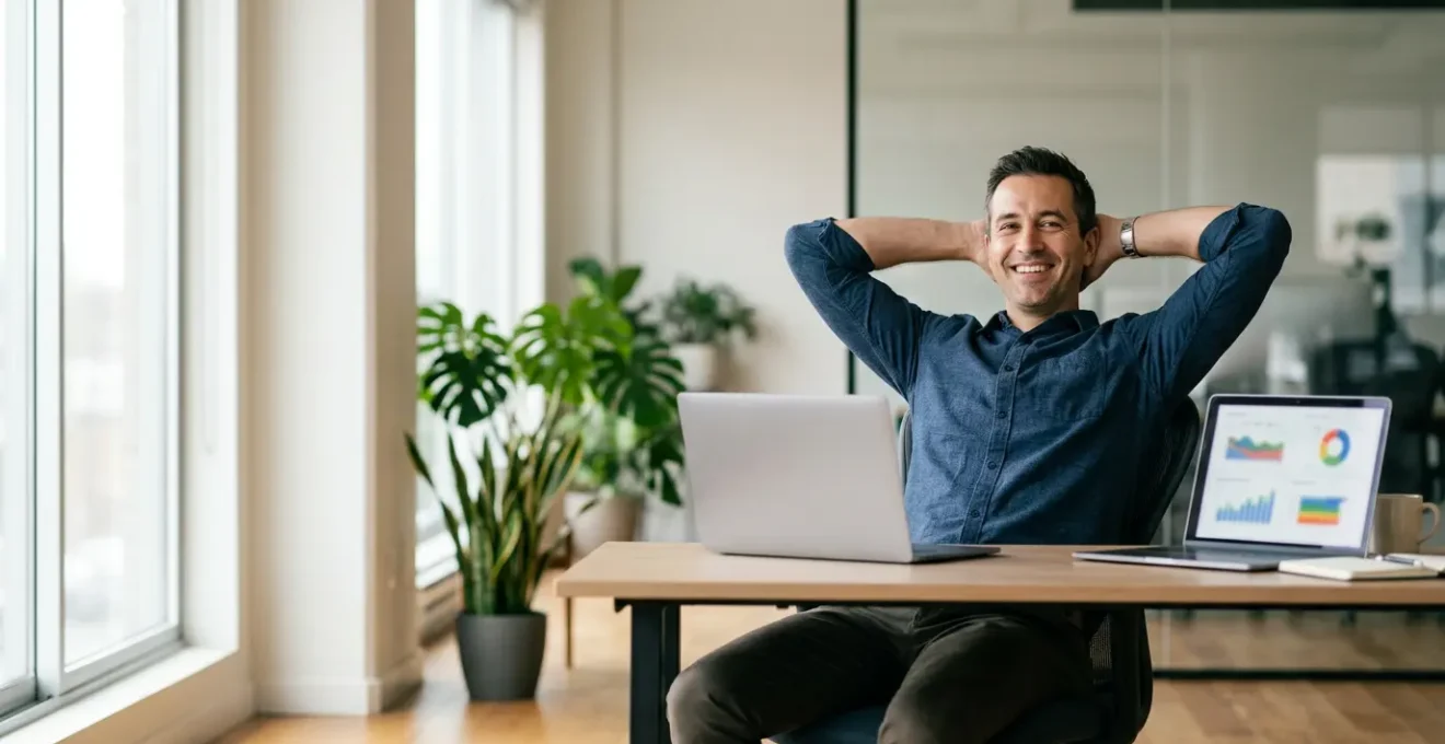Entrepreneur souriant travaillant sereinement sur ordinateur portable avec lumière naturelle, symbolisant la liberté retrouvée grâce à l'automatisation comptable