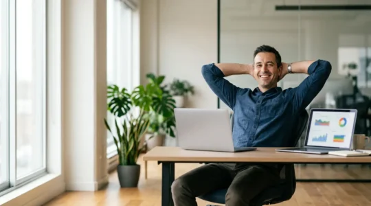 Entrepreneur souriant travaillant sereinement sur ordinateur portable avec lumière naturelle, symbolisant la liberté retrouvée grâce à l'automatisation comptable