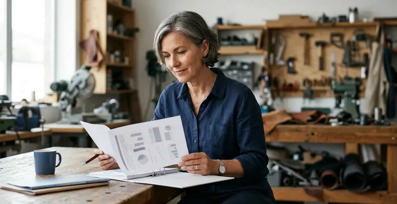 Dirigeant d'entreprise artisanale analysant des documents financiers dans un atelier lumineux