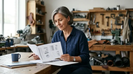 Dirigeant d'entreprise artisanale analysant des documents financiers dans un atelier lumineux