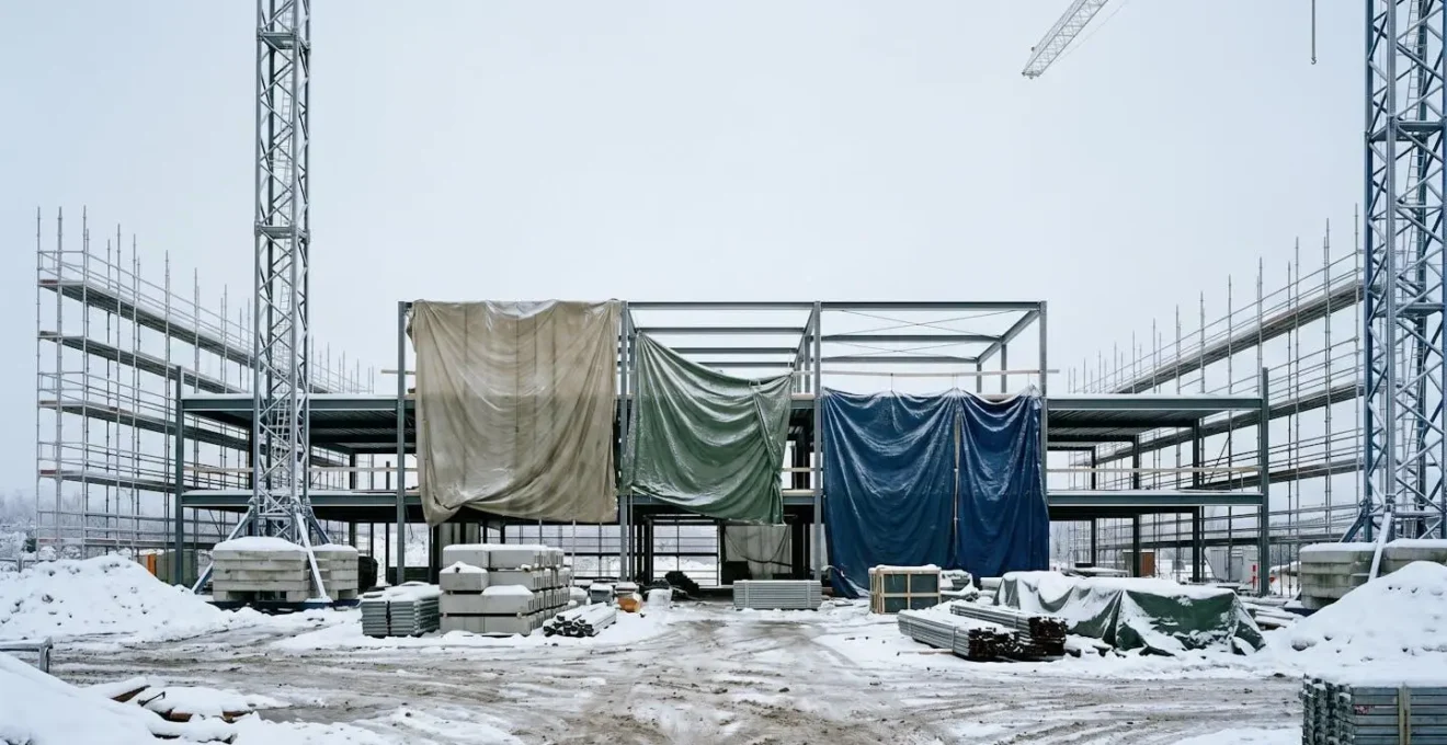 Chantier de construction arrêté en hiver sous la neige illustrant les conditions d'intempéries