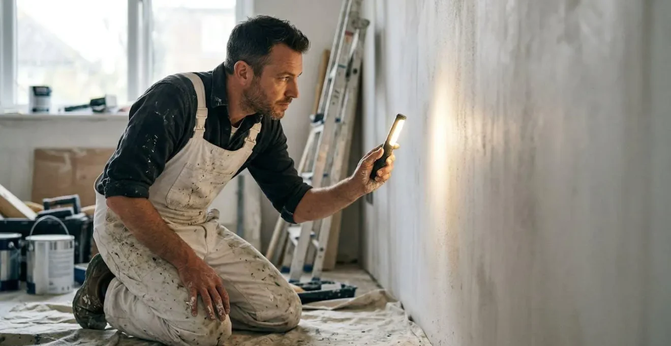 Artisan peintre professionnel analysant un mur avec une lampe rasante pour evaluer les imperfections avant devis