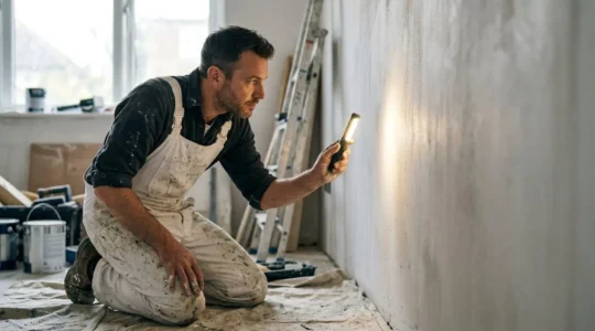 Artisan peintre professionnel analysant un mur avec une lampe rasante pour evaluer les imperfections avant devis