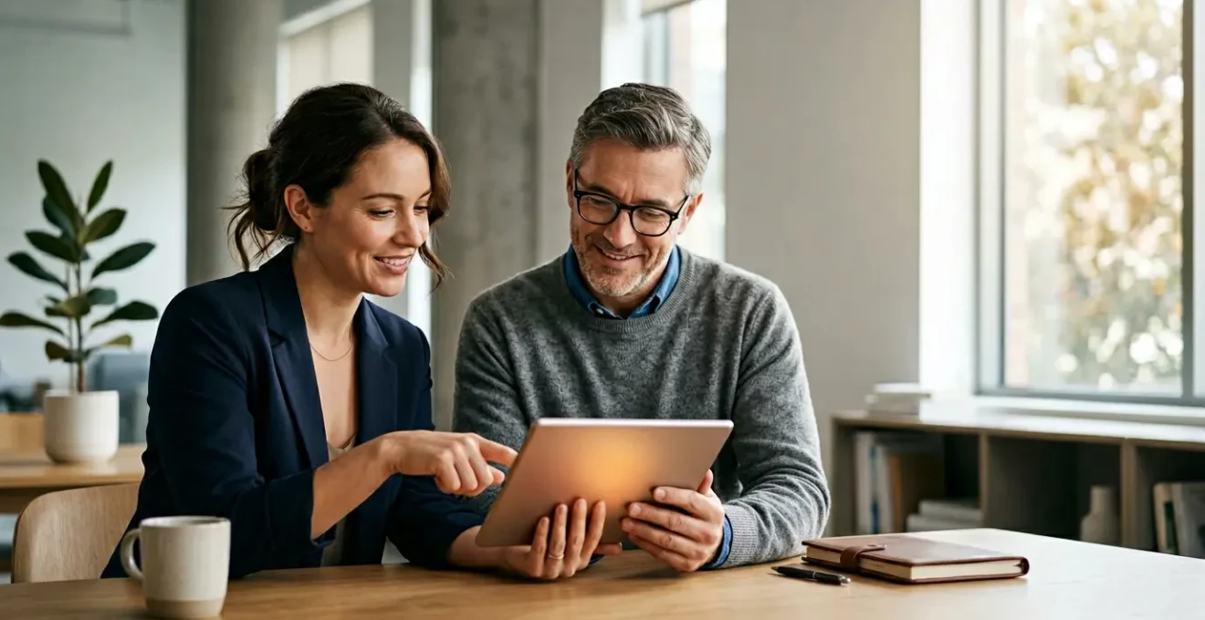 Expert-comptable et dirigeant collaborant en temps reel via une interface cloud sur tablette