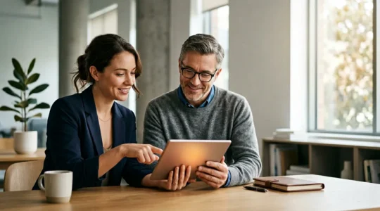 Expert-comptable et dirigeant collaborant en temps reel via une interface cloud sur tablette