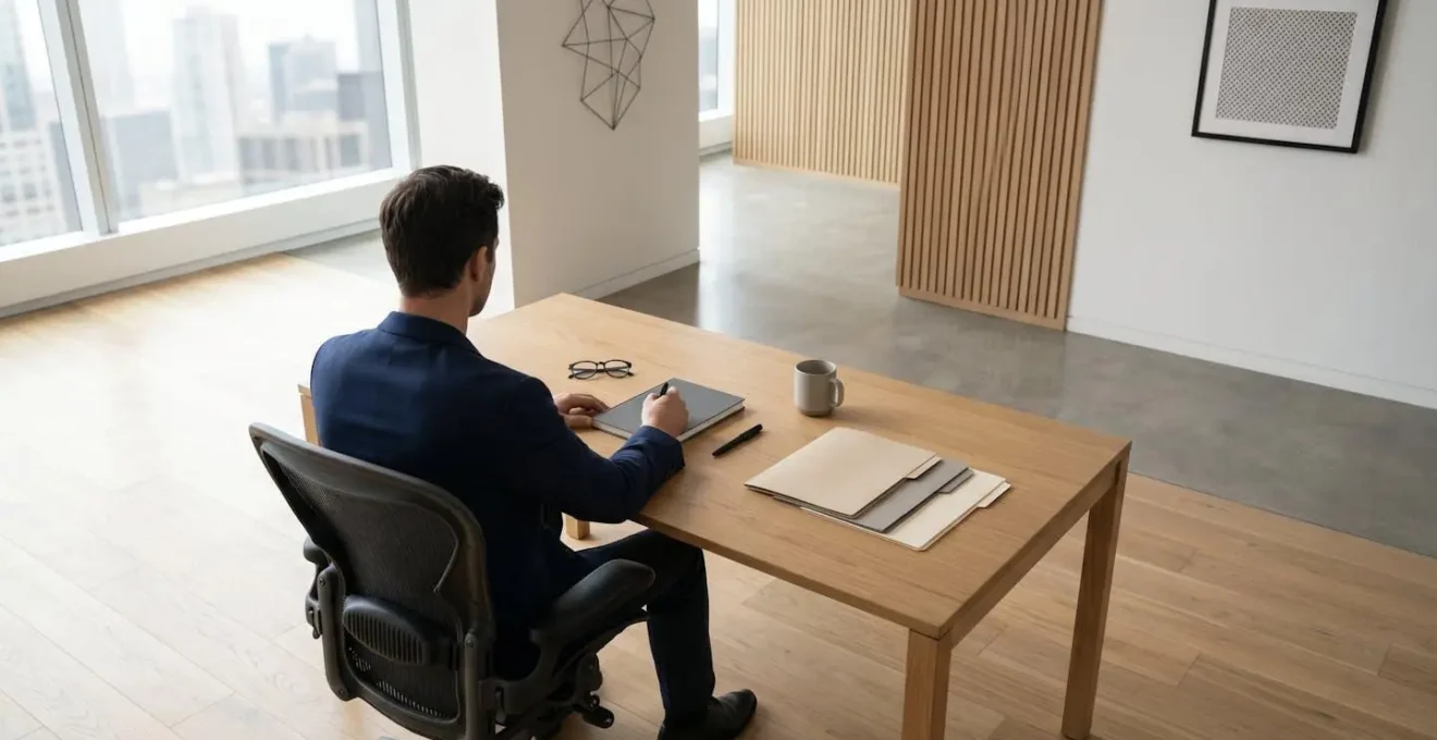 Environnement de travail minimaliste évoquant la confidentialité et la stratégie de communication financière