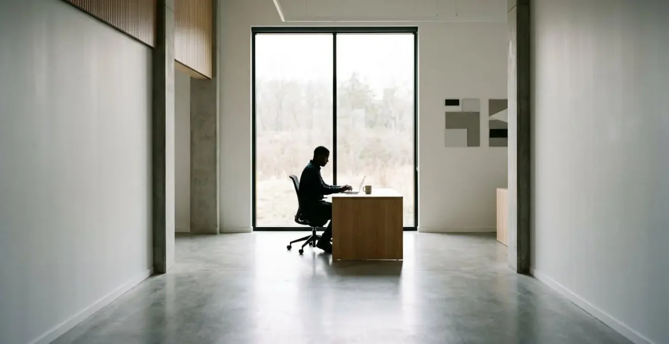 Silhouette d'un entrepreneur dans un bureau minimaliste, symbolisant la décision stratégique de changer de régime fiscal.