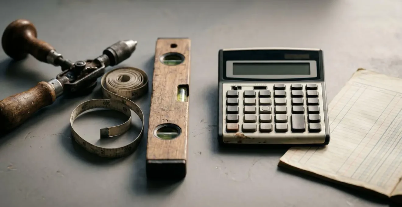 Gros plan symbolique sur des outils de chantier et une calculatrice professionnelle illustrant le choix strategique comptable