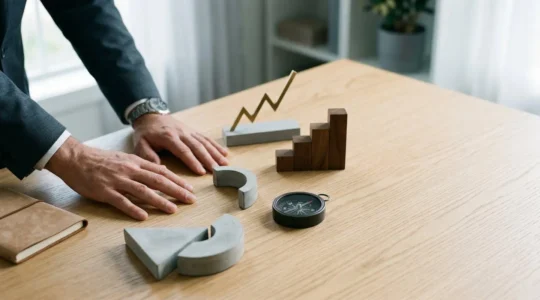 Dirigeant analysant des documents financiers avec perspective stratégique dans un environnement professionnel