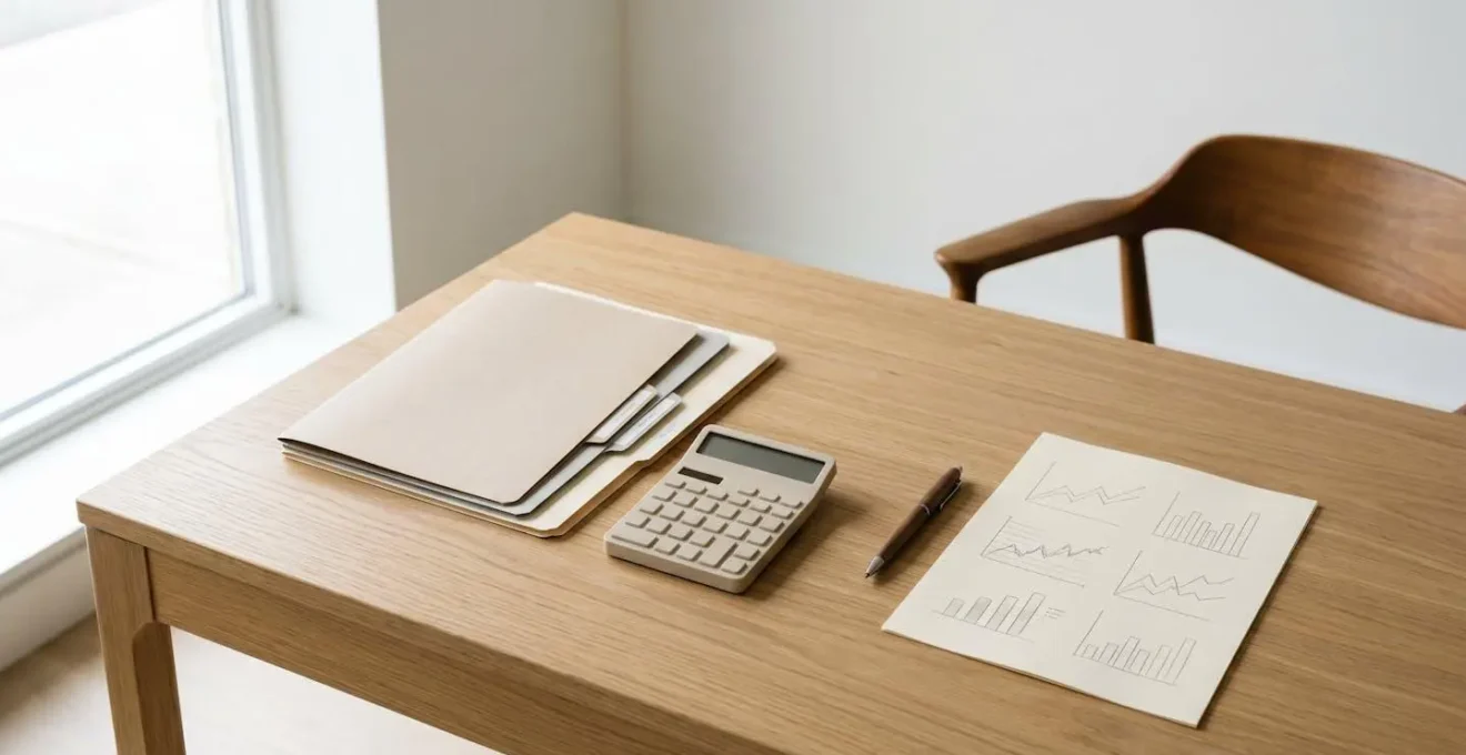 Vue d'ensemble d'un espace de travail avec documents comptables et calculatrice