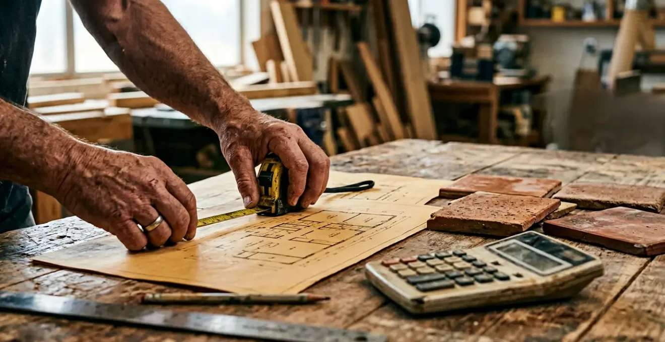 Artisan carreleur calculant un devis de chantier avec plans et échantillons de carreaux