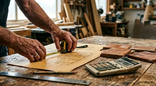 Artisan carreleur calculant un devis de chantier avec plans et échantillons de carreaux