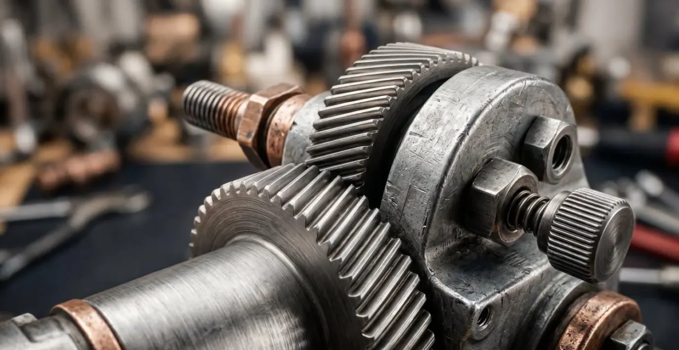 Vue macro de pièces mécaniques et outils symbolisant la diversification vers les services de maintenance