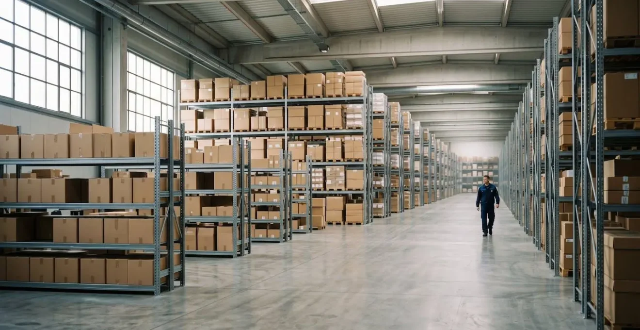 Vue d'ensemble minimaliste d'un espace de stockage professionnel avec perspective et lumière naturelle