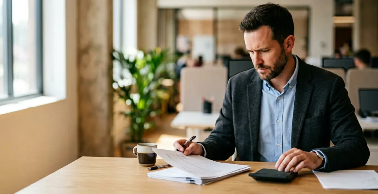 Entrepreneur préparant un dossier de prévisionnel financier pour obtenir un prêt bancaire