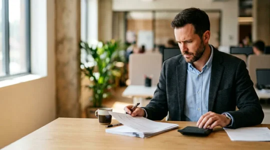 Entrepreneur préparant un dossier de prévisionnel financier pour obtenir un prêt bancaire