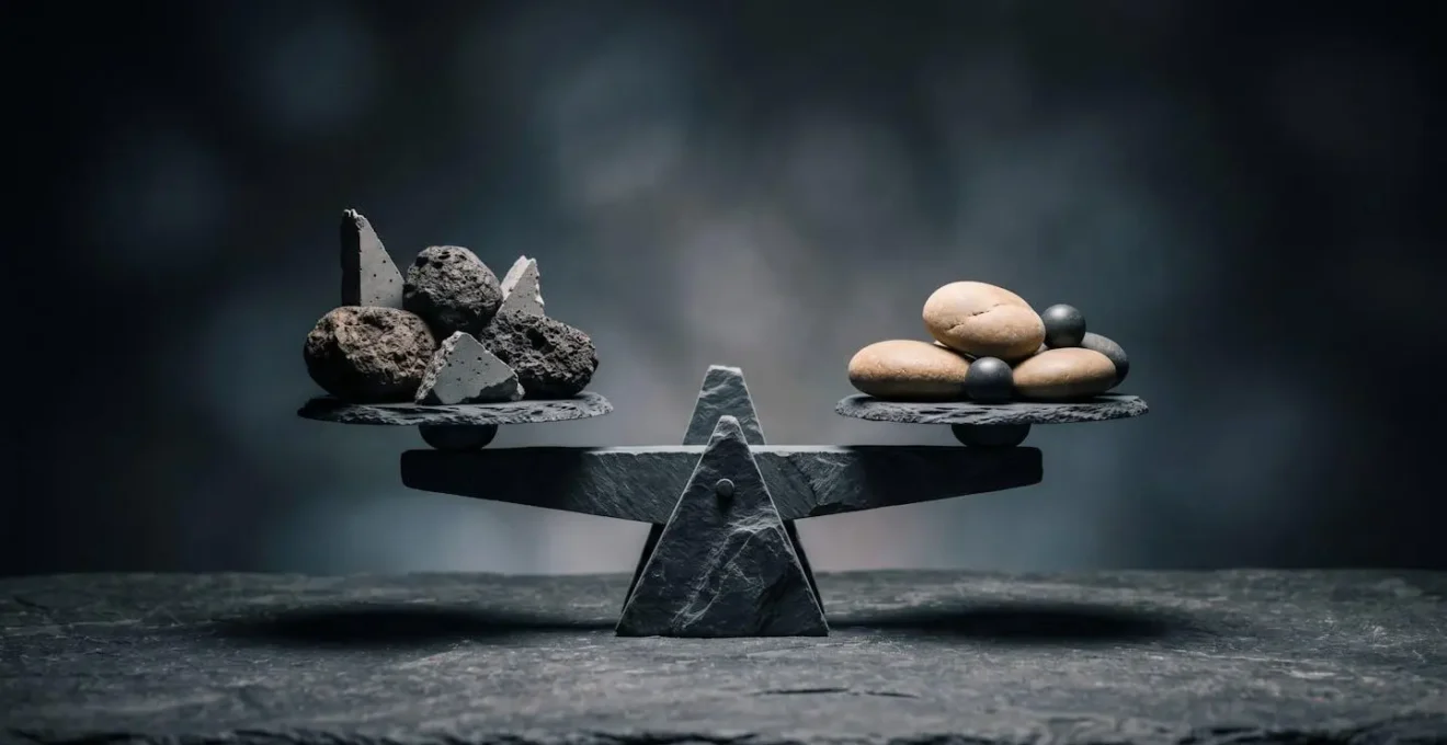 Composition symbolique évoquant l'équilibre entre risque juridique et prudence comptable