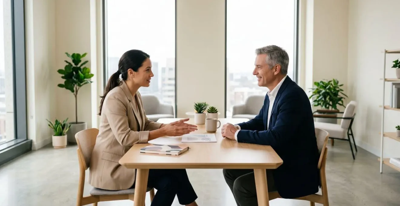 Rencontre professionnelle entre expert-comptable et artisan discutant de stratégie financière
