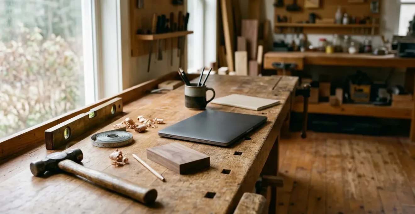 Vue d'ensemble d'un atelier d'artisan avec outils professionnels et documents de gestion, symbolisant la collaboration entre métier manuel et expertise comptable