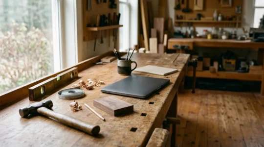 Vue d'ensemble d'un atelier d'artisan avec outils professionnels et documents de gestion, symbolisant la collaboration entre métier manuel et expertise comptable