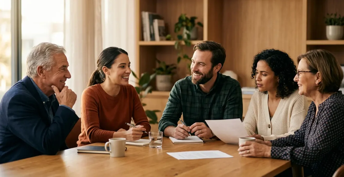 Deux générations d'une même famille discutant autour d'une table de travail dans un environnement professionnel chaleureux
