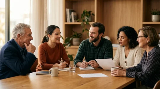 Deux générations d'une même famille discutant autour d'une table de travail dans un environnement professionnel chaleureux