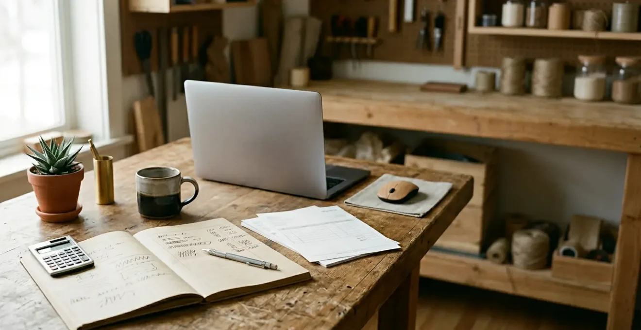 Bureau d'artisan organisé avec documents de comptabilité et outils de gestion de trésorerie