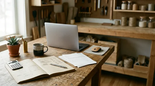 Bureau d'artisan organisé avec documents de comptabilité et outils de gestion de trésorerie