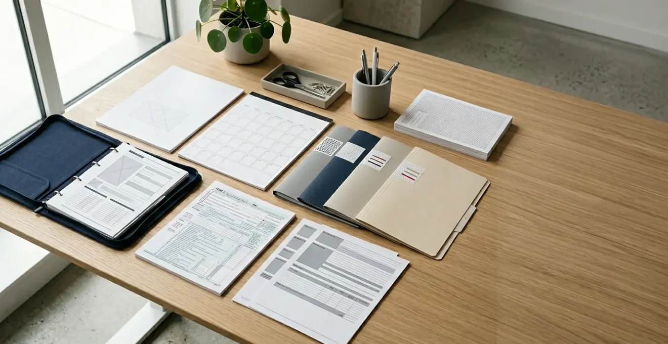 Bureau professionnel moderne avec calendrier fiscal et documents administratifs organises methodiquement