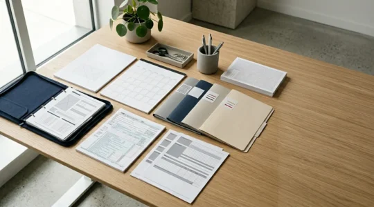 Bureau professionnel moderne avec calendrier fiscal et documents administratifs organises methodiquement