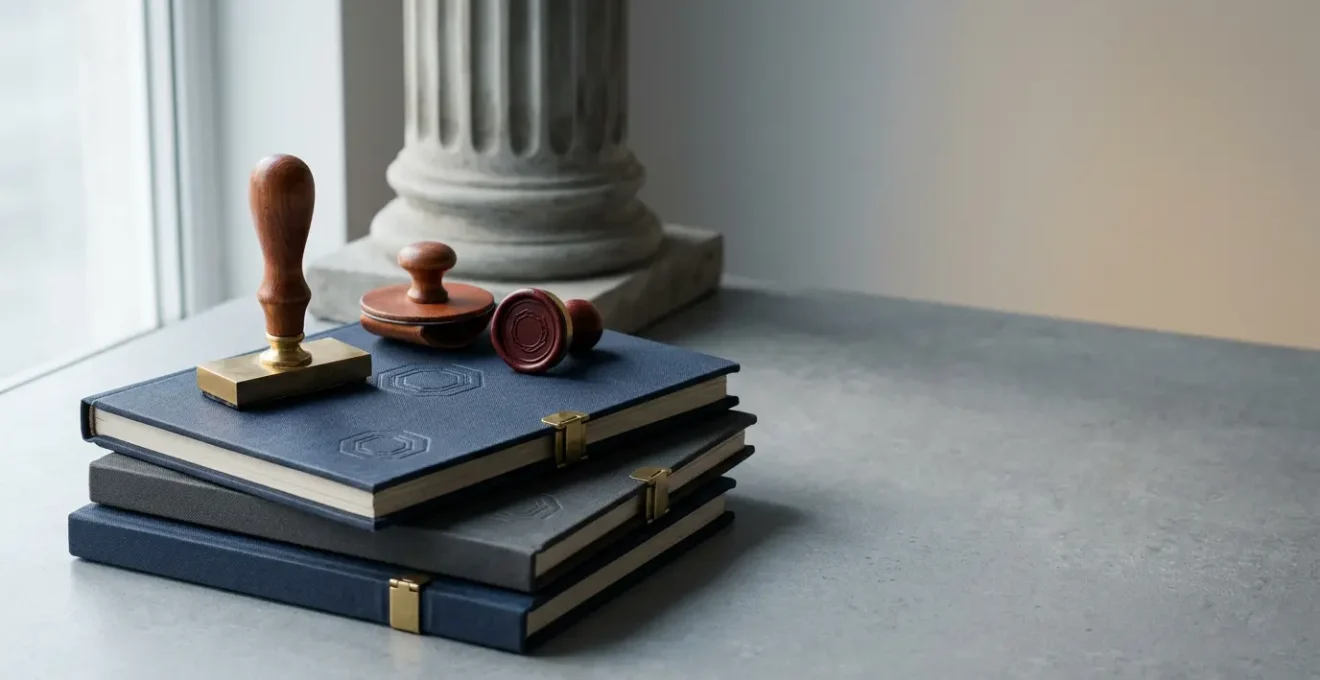 Représentation symbolique des démarches d'immatriculation administrative pour artisans avec documents officiels et tampon institutionnel